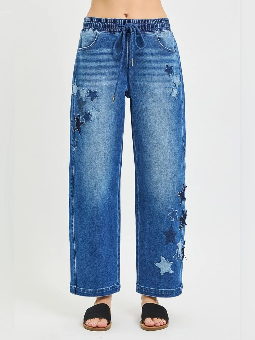RISEN HR Dark Wash Slouchy Barrel Jeans Star Patch Elastic Waist Various NEW - Picture 2 of 7